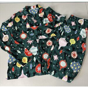 Old Navy 2 Piece Flannel Pajamas Size S Green Christmas Ornaments Cotton